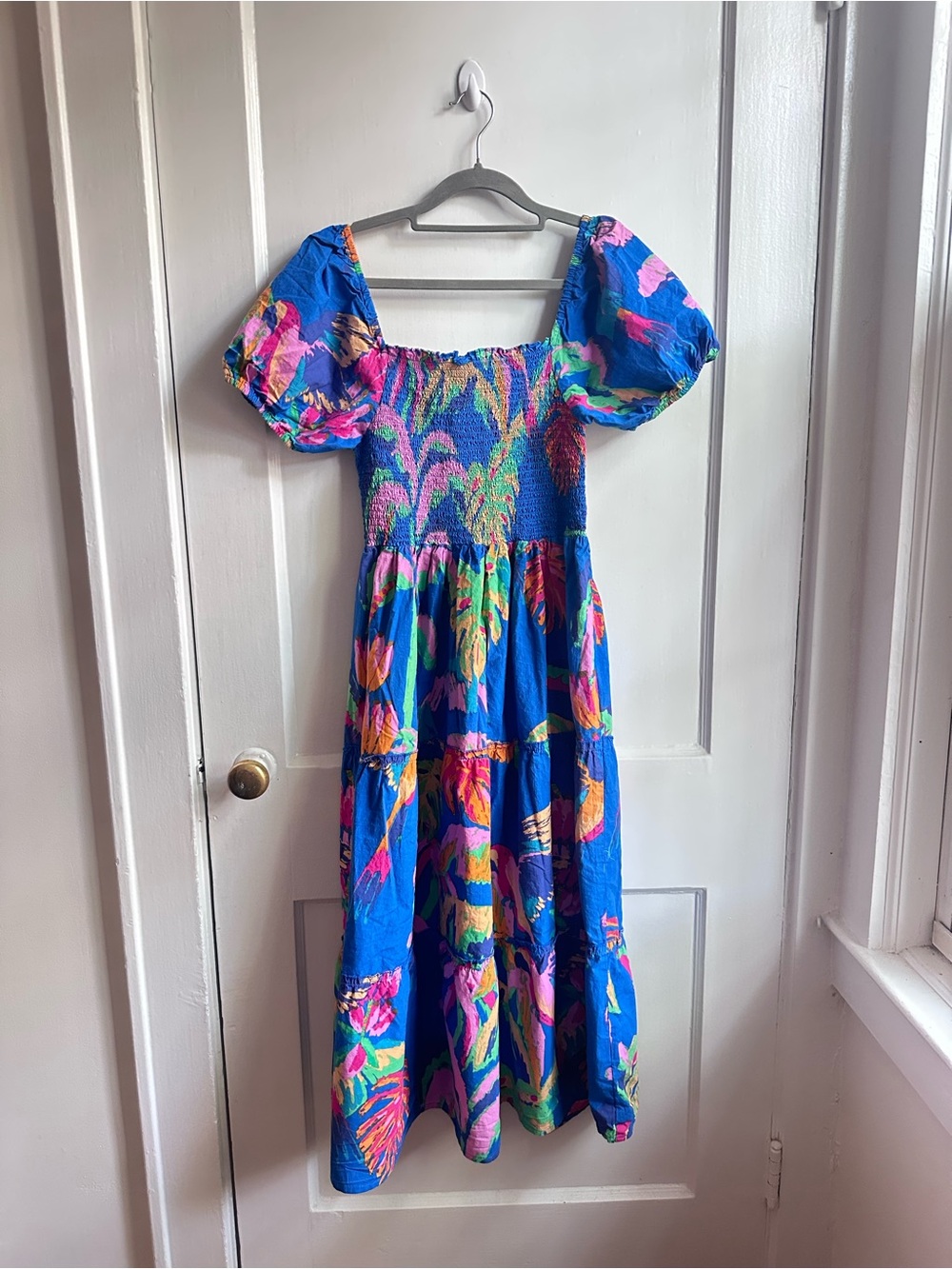 100% Cotton Blue Floral Puff-Sleeve Smocked Midi Dress